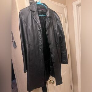 Women’s black leather coat.